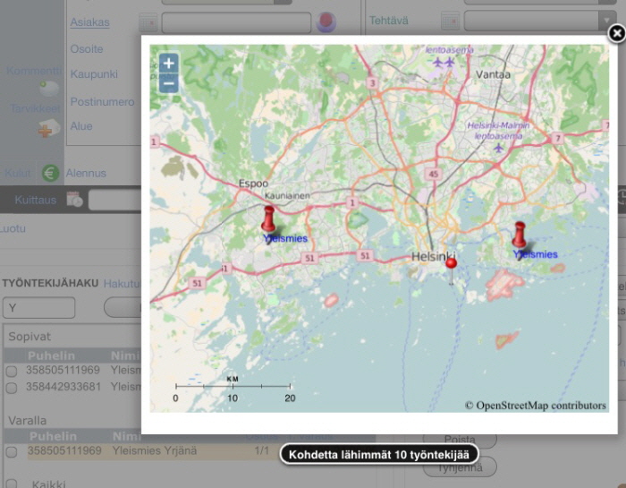 Asiakasta l�himm�t sopivat ty�ntekij�t voidaan n�ytt�� kartalla